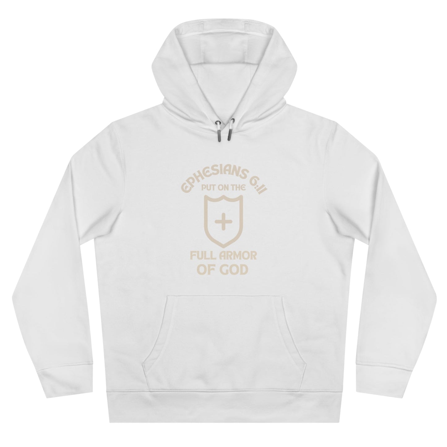 White Ephesians 6:11 Hoodie with shield and cross design, full armor of God scripture, heavyweight fleece, front pocket, unisex fit