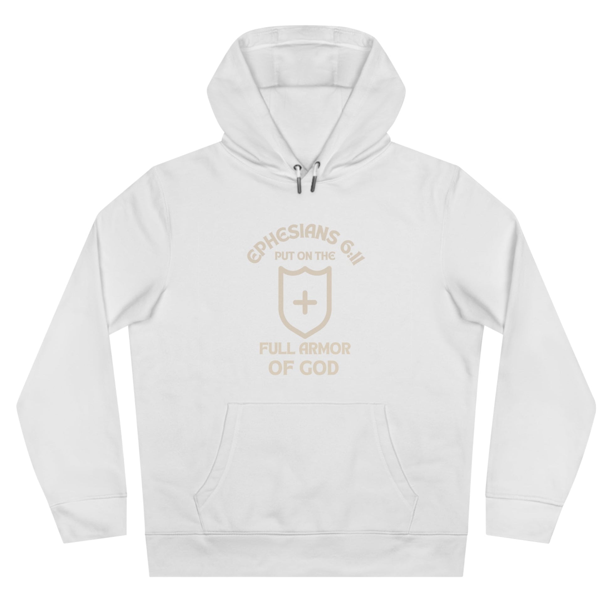White Ephesians 6:11 Hoodie with shield and cross design, full armor of God scripture, heavyweight fleece, front pocket, unisex fit