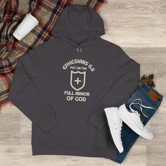 Ephesians 6:11 hoodie with full armor of God text and shield cross design on dark fleece sweatshirt