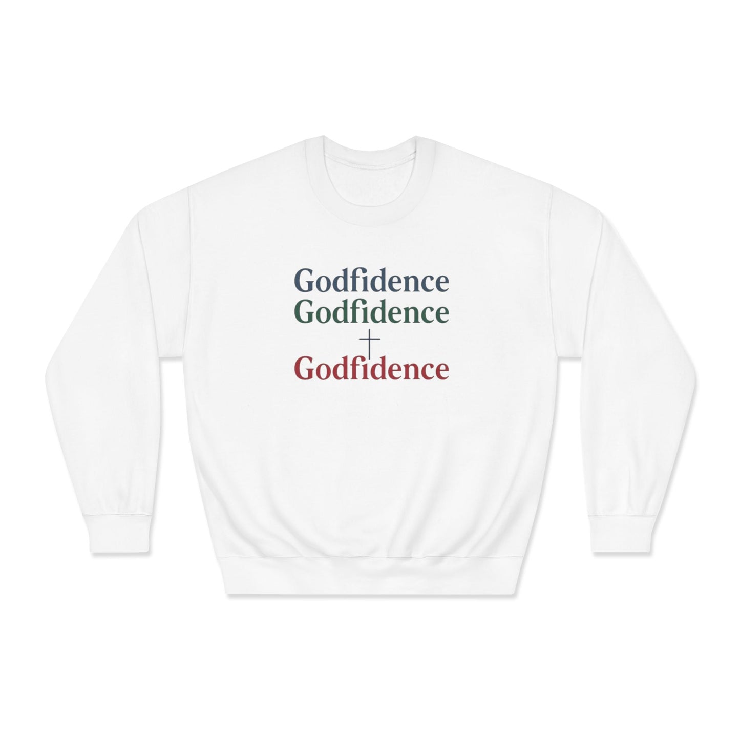 White Godfidence unisex crewneck sweatshirt with multicolor text design and long sleeves