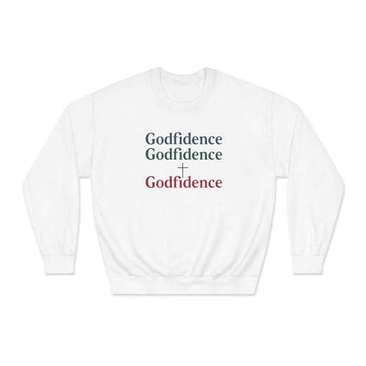 White Godfidence unisex crewneck sweatshirt with multicolor text design and long sleeves