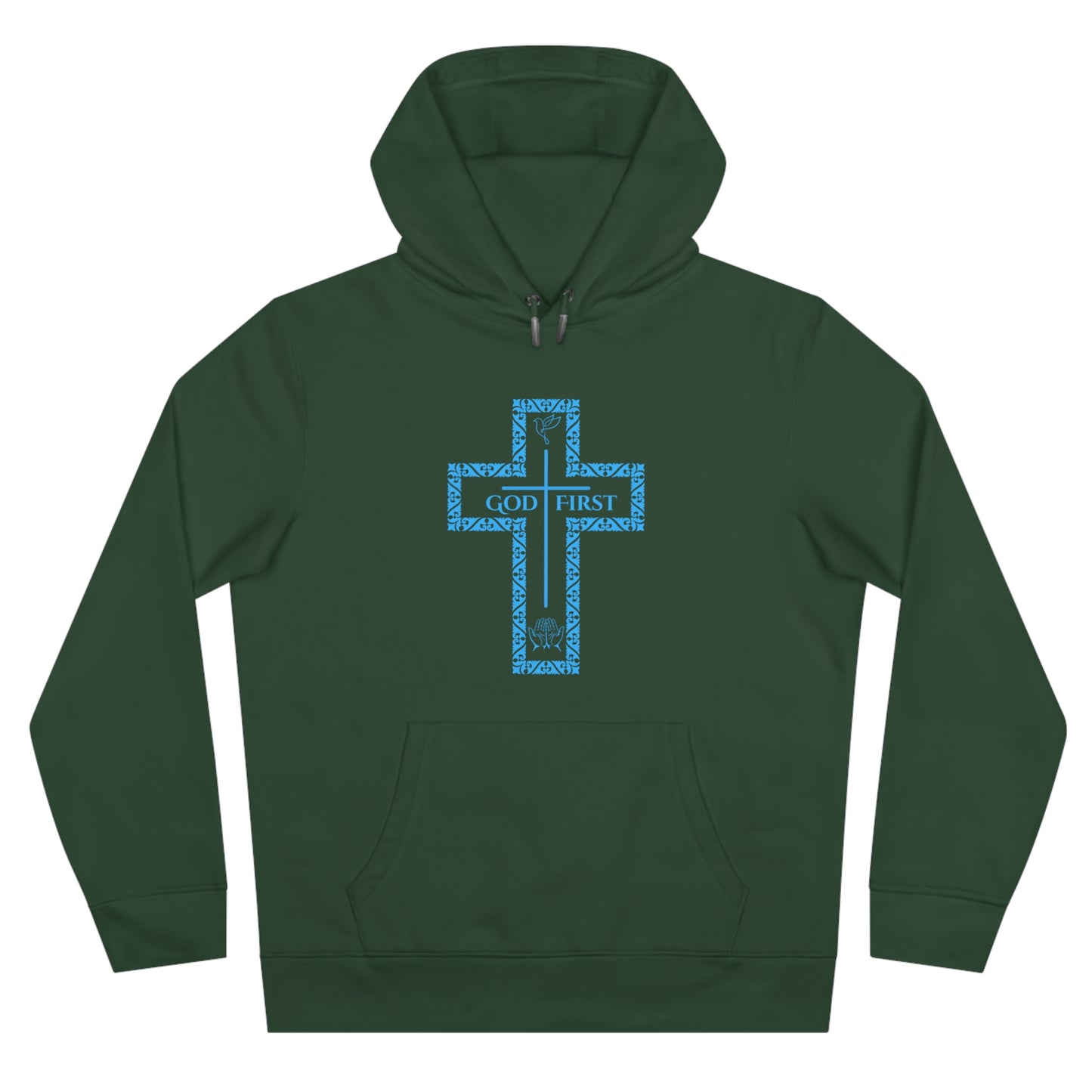 God First Hoodie Sweatshirt with Decorative Cross Design - All Baby Blue Color
