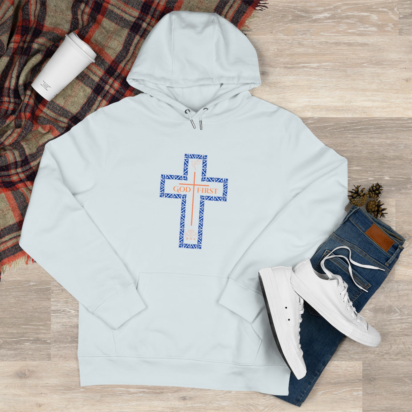 God First Hoodie Sweatshirt with Decorative Cross Design - Blue & Orange Colors