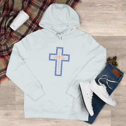 God First Hoodie Sweatshirt with Decorative Cross Design - Blue & Orange Colors