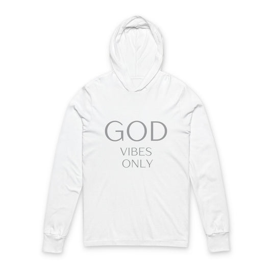 White unisex hooded long sleeve tee with God Vibes Only print, lightweight cotton, crossover V-neck, casual comfort