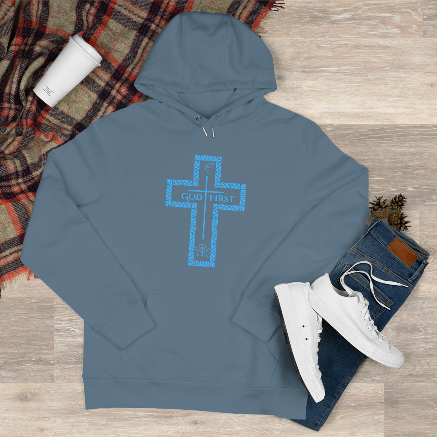 God First Hoodie Sweatshirt with Decorative Cross Design - All Baby Blue Color