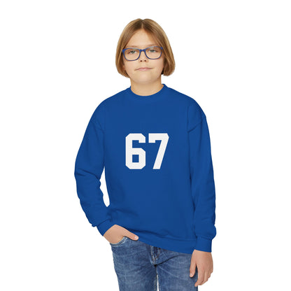 White Number 67 Youth Crewneck Sweatshirt, Meme Design
