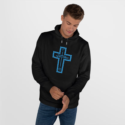 God First Hoodie Sweatshirt with Decorative Cross Design - All Baby Blue Color