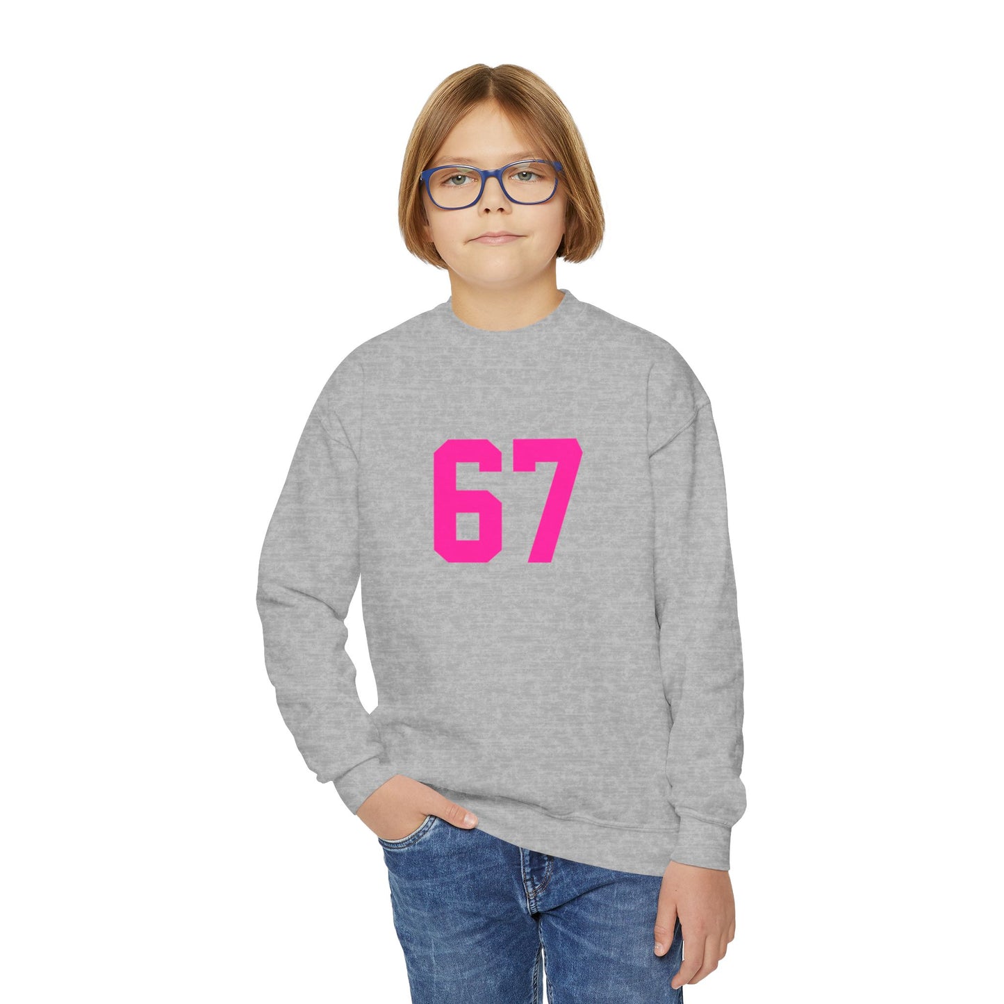 Youth Pink Number 67 Crewneck Sweatshirt, Meme Design