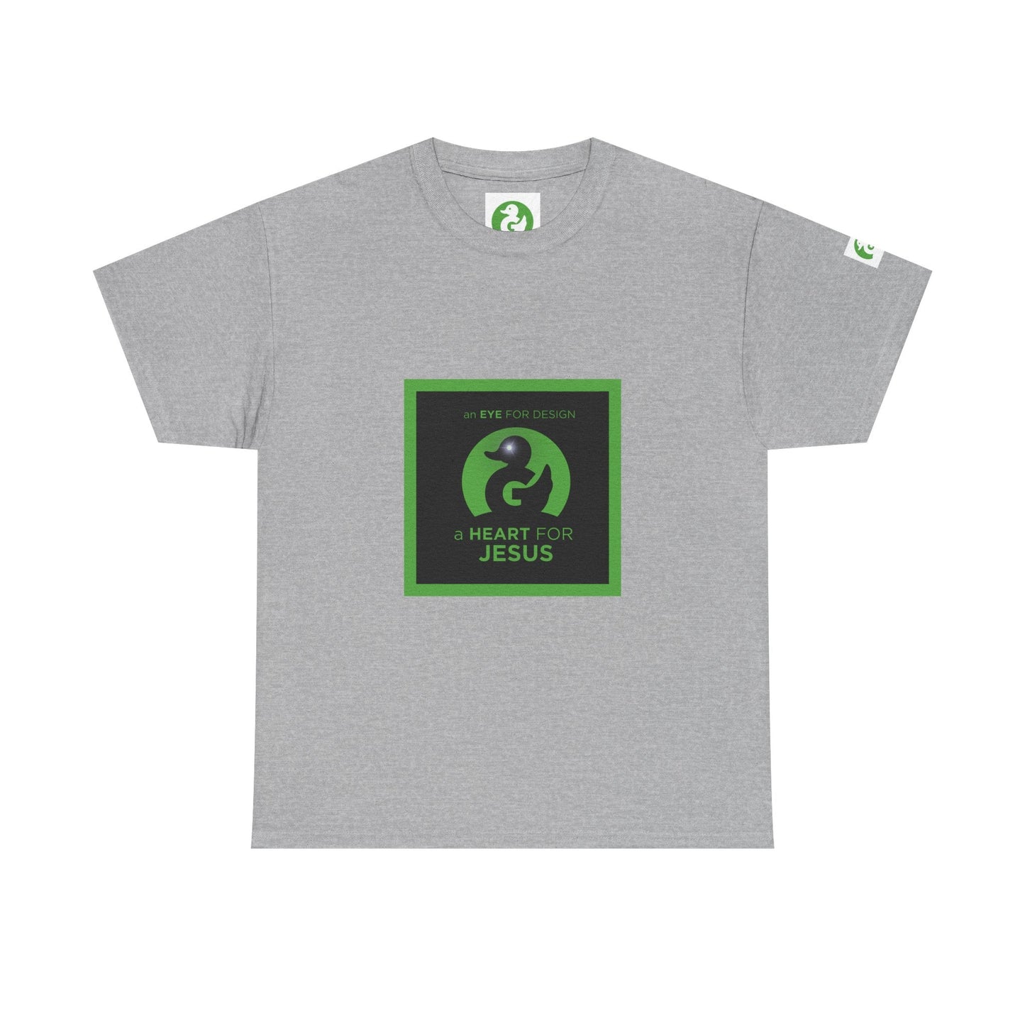Grey Premium Tee with a green and black design featuring the text "an EYE for design a HEART for JESUS" made of soft cotton, unisex fit, and tear-away label for comfort