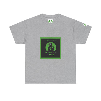 Grey Premium Tee with a green and black design featuring the text "an EYE for design a HEART for JESUS" made of soft cotton, unisex fit, and tear-away label for comfort