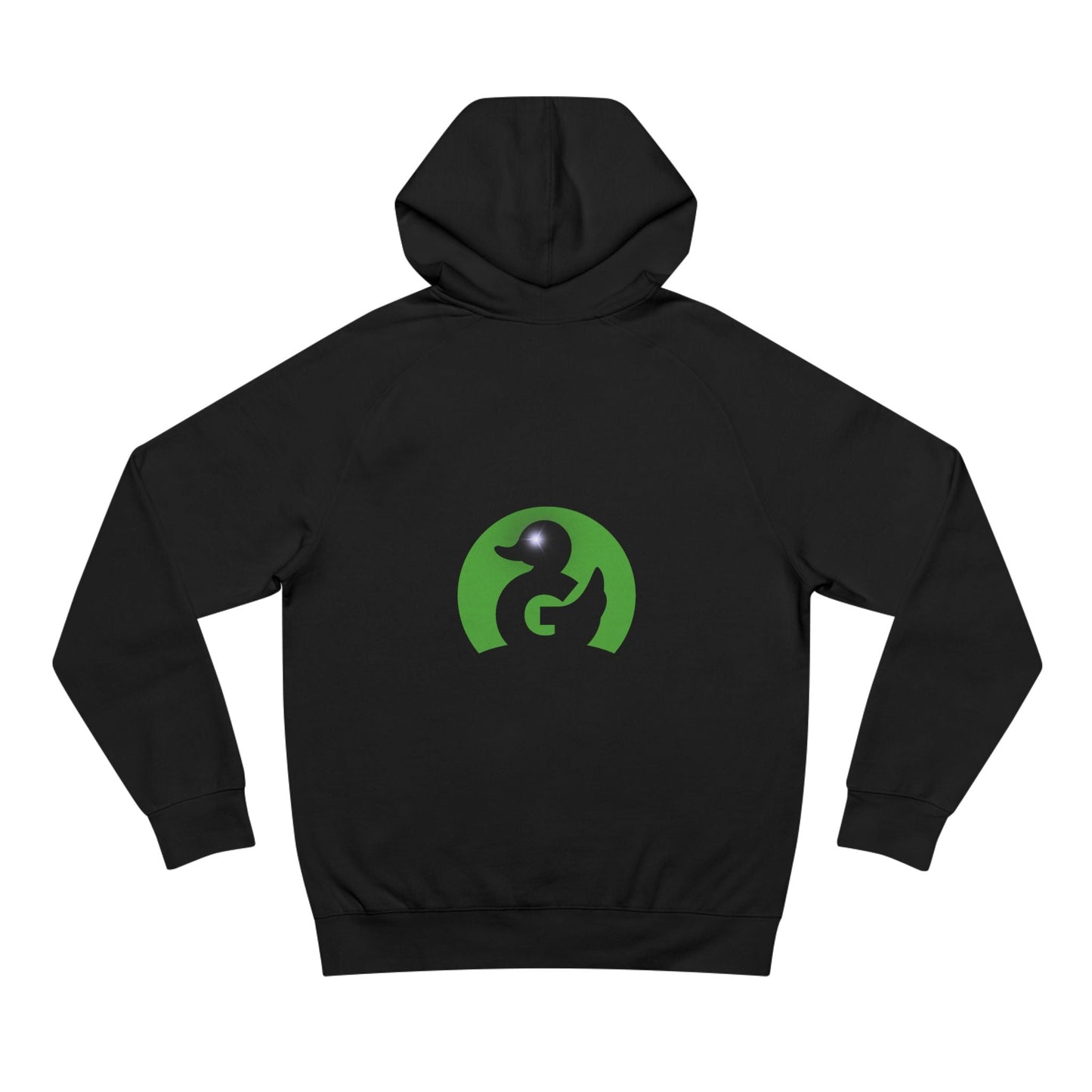 Black unisex hoodie with Green Duck Logo featuring black trim and sparkle eye detail, soft premium fit
