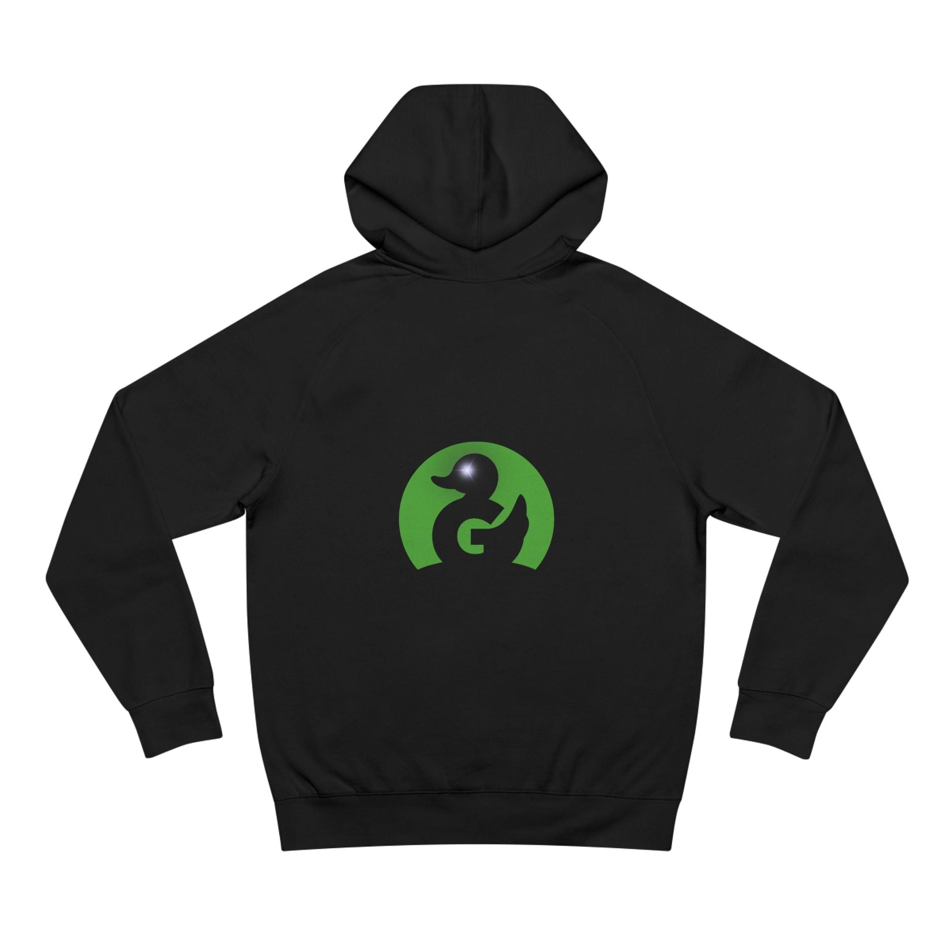 Black unisex hoodie with Green Duck Logo featuring black trim and sparkle eye detail, soft premium fit