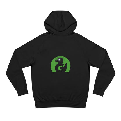 Black unisex hoodie with Green Duck Logo featuring black trim and sparkle eye detail, soft premium fit