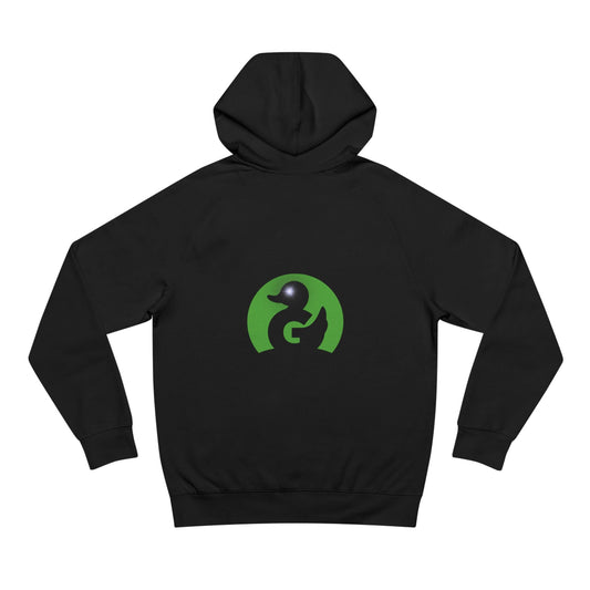 Black unisex hoodie with Green Duck Logo featuring black trim and sparkle eye detail, soft premium fit