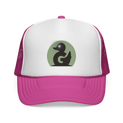 Green Duck Media Trucker Hat - Black & White Logo Cap, with shinny eye
