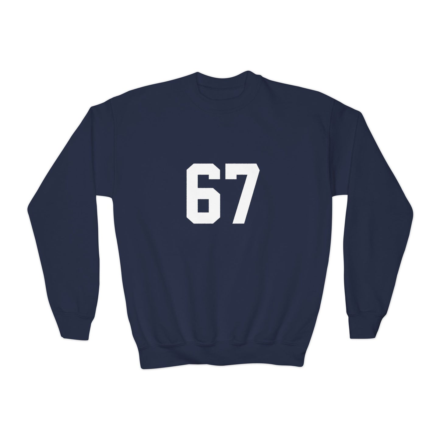 White Number 67 Youth Crewneck Sweatshirt, Meme Design