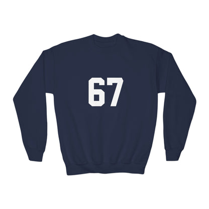 White Number 67 Youth Crewneck Sweatshirt, Meme Design