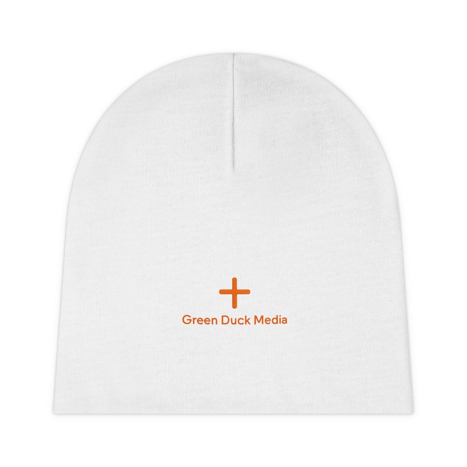 White beanie with orange cross logo and Green Duck Media embroidery, soft warm knit, cuffed style, stretchy fit, winter accessory