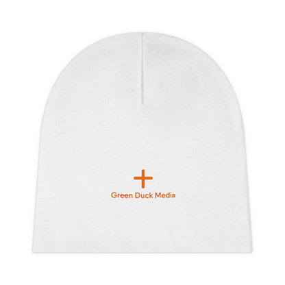 White beanie with orange cross logo and Green Duck Media embroidery, soft warm knit, cuffed style, stretchy fit, winter accessory
