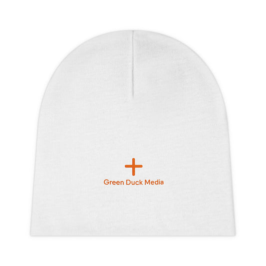 White beanie with orange cross logo and Green Duck Media embroidery, soft warm knit, cuffed style, stretchy fit, winter accessory