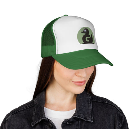 Green Duck Media Trucker Hat - Black & White Logo Cap, with shinny eye