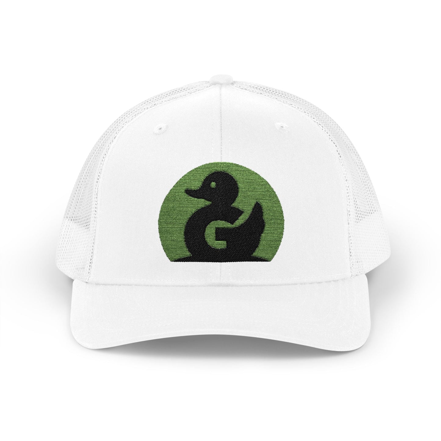 Green Duck Media white snapback hat with green and black duck logo embroidered on front panel