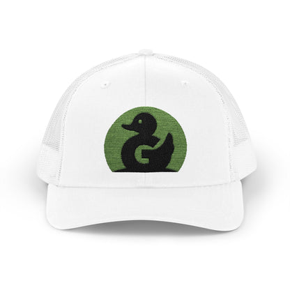 Green Duck Media white snapback hat with green and black duck logo embroidered on front panel