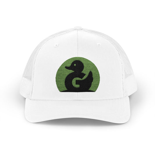 Green Duck Media white snapback hat with green and black duck logo embroidered on front panel
