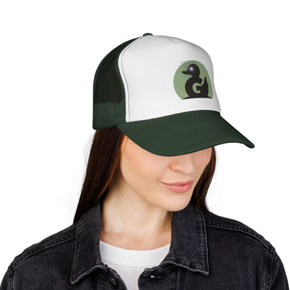 Green Duck Media Trucker Hat - Black & White Logo Cap, with shinny eye