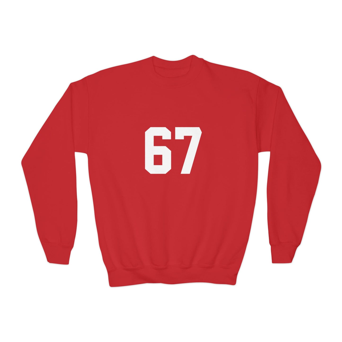 White Number 67 Youth Crewneck Sweatshirt, Meme Design