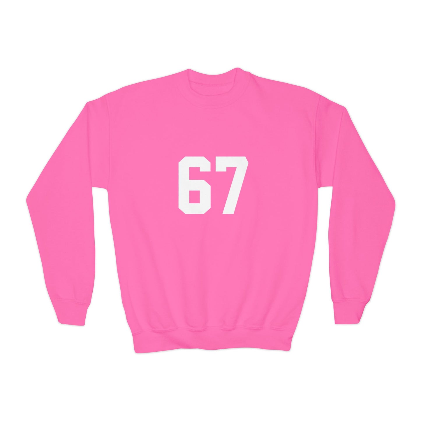 White Number 67 Youth Crewneck Sweatshirt, Meme Design