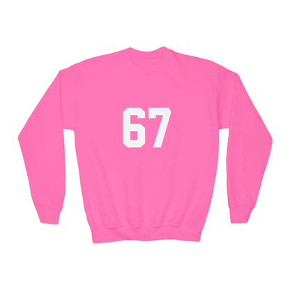 White Number 67 Youth Crewneck Sweatshirt, Meme Design
