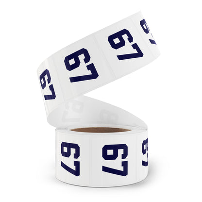 Number 67 Meme Square Sticker Rolls — Custom Sports Jersey Decal Labels