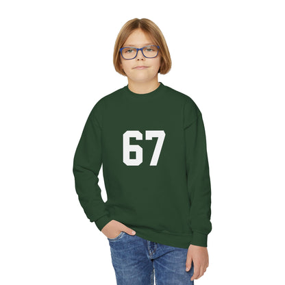 White Number 67 Youth Crewneck Sweatshirt, Meme Design