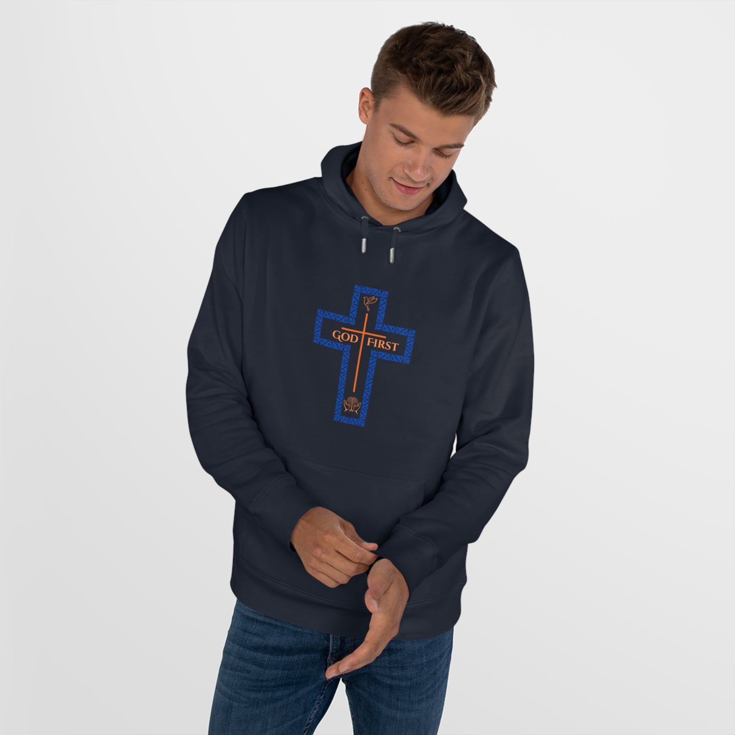 God First Hoodie Sweatshirt with Decorative Cross Design - Blue & Orange Colors