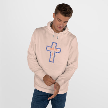 God First Hoodie Sweatshirt with Decorative Cross Design - Blue & Orange Colors