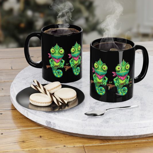 Lizard Coffee Mug - Black with bright colorful lizards