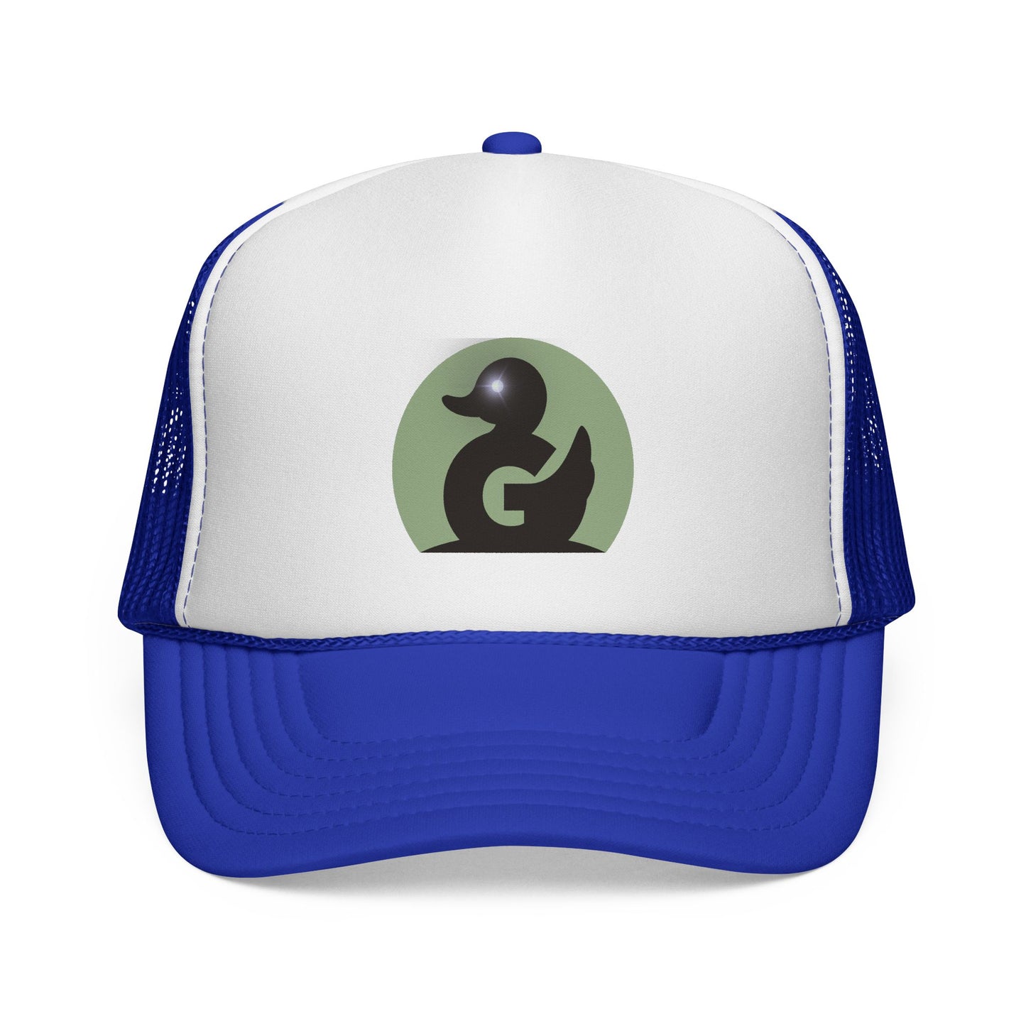 Green Duck Media Trucker Hat - Black & White Logo Cap, with shinny eye