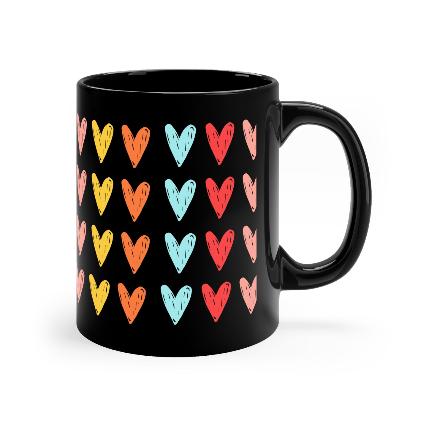 All Hearts Coffee Mug — 11oz Black Ceramic Coffee Cup