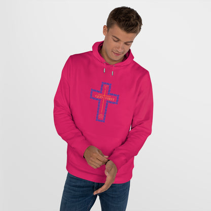 God First Hoodie Sweatshirt with Decorative Cross Design - Blue & Orange Colors