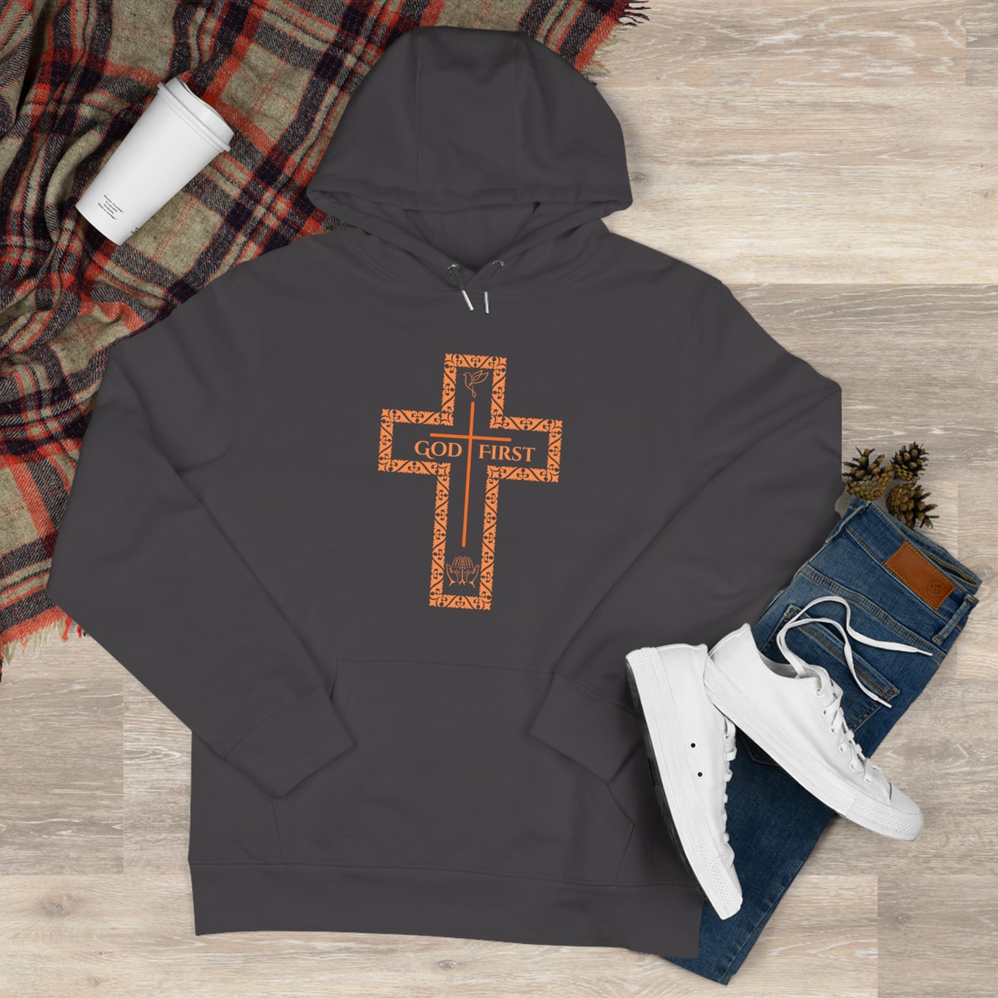 God First King Hoodie Sweatshirt with Decorative Cross Design