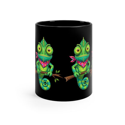 Lizard Coffee Mug - Black with bright colorful lizards