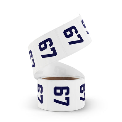 Number 67 Meme Square Sticker Rolls — Custom Sports Jersey Decal Labels