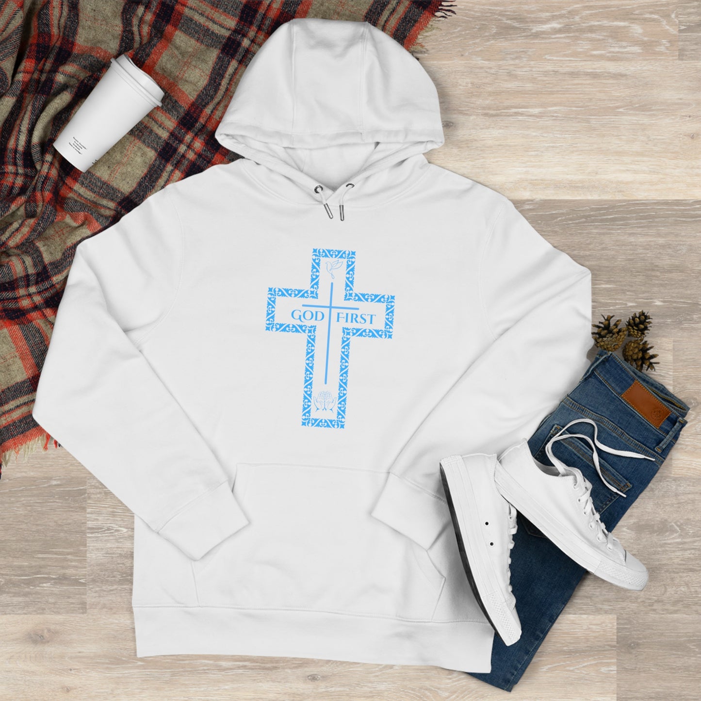 God First Hoodie Sweatshirt with Decorative Cross Design - All Baby Blue Color