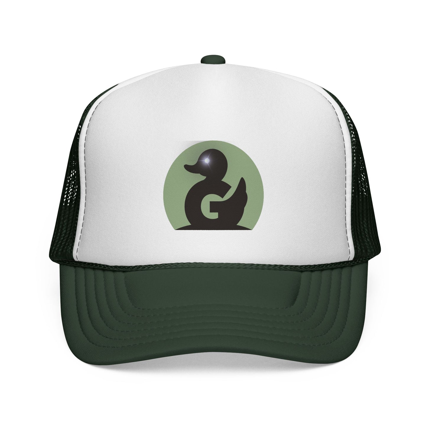 Green Duck Media Trucker Hat - Black & White Logo Cap, with shinny eye