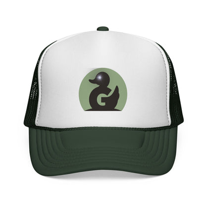 Green Duck Media Trucker Hat - Black & White Logo Cap, with shinny eye