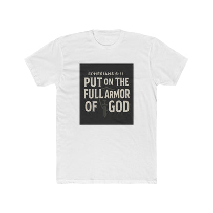 White Ephesians 6:11 T-shirt with "Put on the Full Armor of God" scripture text and sword graphic design