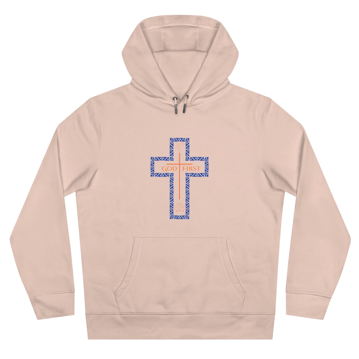God First Hoodie Sweatshirt with Decorative Cross Design - Blue & Orange Colors