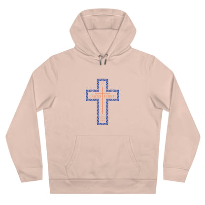 God First Hoodie Sweatshirt with Decorative Cross Design - Blue & Orange Colors